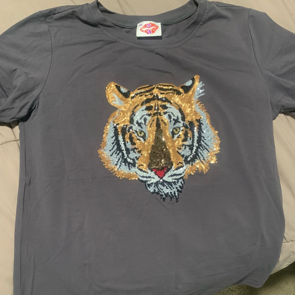 Sparkle City Tiger Head LSU Sequin Sparkle Tee Gray Rare XL EUC